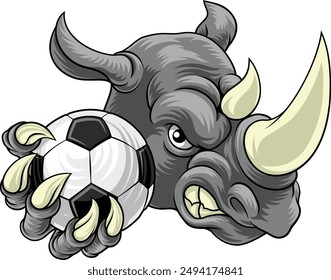 Ein Nashorn- oder Nashorn-Cartoon-Sport-Maskottchen, das einen Fußball hält