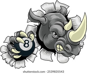 A rhino or rhinoceros cartoon sports mascot holding a black eight pool ball