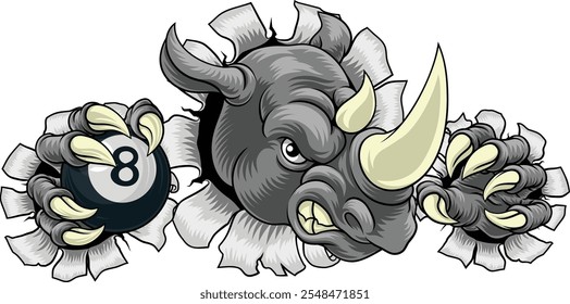 A rhino or rhinoceros cartoon sports mascot holding a black eight pool ball