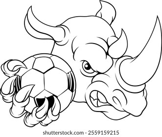 A rhino or rhinoceros cartoon sports mascot holding a soccer football ball