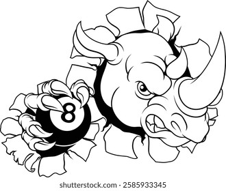 A rhino or rhinoceros cartoon sports mascot holding a black eight pool ball