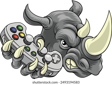 Ein Rhino Rhinoceros Gamer Sport-Video-Spiel-Maskottchen mit einem Spiele-Controller