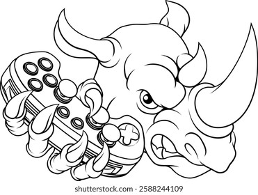 A Rhino Rhinoceros gamer sports video game gaming mascot holding a games controller