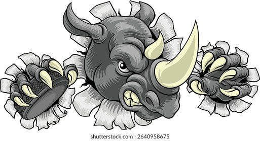 A rhino or rhinoceros ice hockey tough cartoon sports mascot
