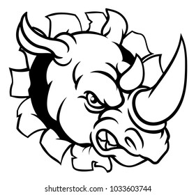 A rhino or rhinoceros mean angry animal sports mascot cartoon head smashing through the background