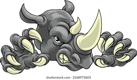 A rhino or rhinoceros mean, angry cartoon animal sports mascot
