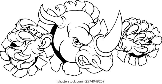 A rhino or rhinoceros mean, angry cartoon animal sports mascot
