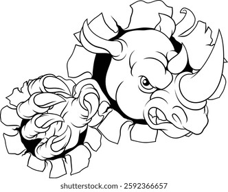 A rhino or rhinoceros mean, angry cartoon animal sports mascot
