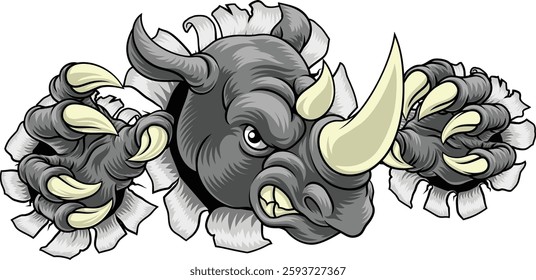 A rhino or rhinoceros mean, angry cartoon animal sports mascot
