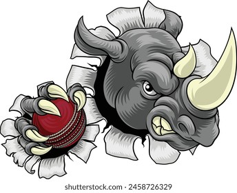 A Rhino Rhinoceros mean tough cartoon sports animal mascot holding a cricket ball 