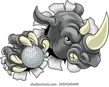 A Rhino Rhinoceros mean tough cartoon sports animal mascot holding a golf ball 