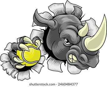 A Rhino Rhinoceros mean tough cartoon sports animal mascot holding a tennis ball