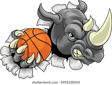 Ein Nashorn bedeutet hartes Cartoon-Sport-Tier-Maskottchen, das einen Basketball hält 