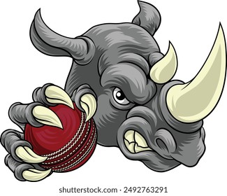 Ein Nashorn bedeutet hartes Cartoon-Sport-Tier-Maskottchen, das einen Cricket-Ball hält 