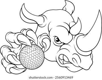 A Rhino Rhinoceros mean tough cartoon sports animal mascot holding a golf ball 