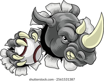 A Rhino Rhinoceros mean tough cartoon sports animal mascot holding a baseball ball 