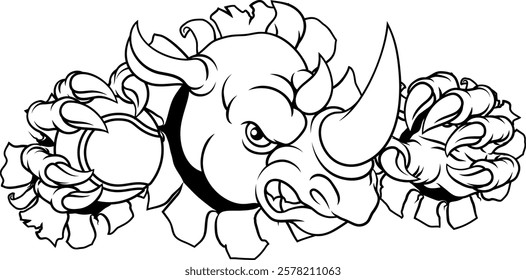 A Rhino Rhinoceros mean tough cartoon sports animal mascot holding a tennis ball