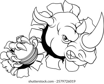 A Rhino Rhinoceros mean tough cartoon sports animal mascot holding a cricket ball 