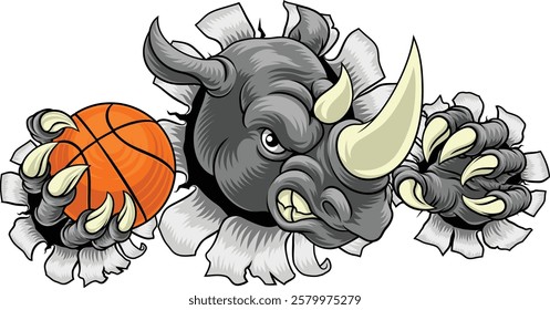 A Rhino Rhinoceros mean tough cartoon sports animal mascot holding a basketball ball 