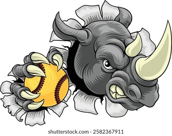 A Rhino Rhinoceros mean tough cartoon sports animal mascot holding a softball ball