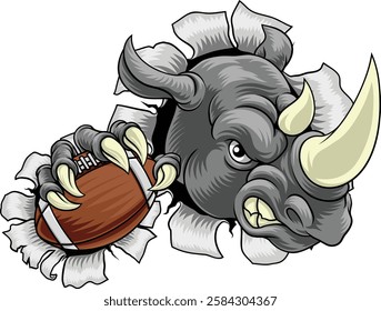 A Rhino Rhinoceros mean tough cartoon sports animal mascot holding an American football ball 