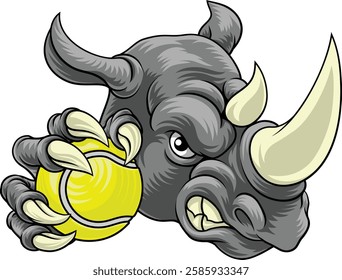 A Rhino Rhinoceros mean tough cartoon sports animal mascot holding a tennis ball