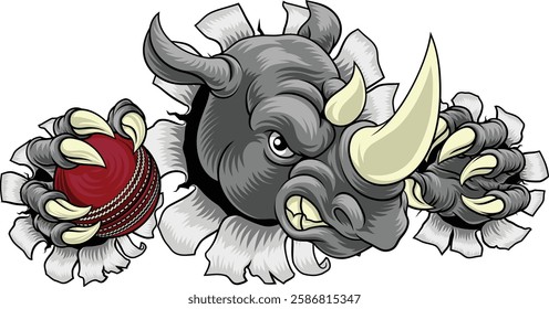 A Rhino Rhinoceros mean tough cartoon sports animal mascot holding a cricket ball 