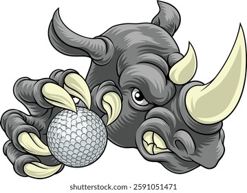 A Rhino Rhinoceros mean tough cartoon sports animal mascot holding a golf ball 