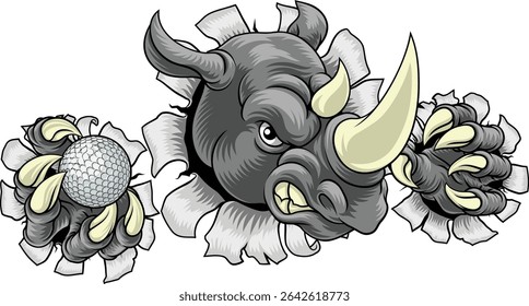 A Rhino Rhinoceros mean tough cartoon sports animal mascot holding a golf ball 