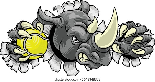 Um rinoceronte rinoceronte significa mascote de animais de desenho animado resistente segurando uma bola de tênis