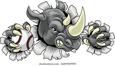 Um rinoceronte rinoceronte rinoceronte significa mascote de animais de desenho animado resistente segurando uma bola de beisebol 