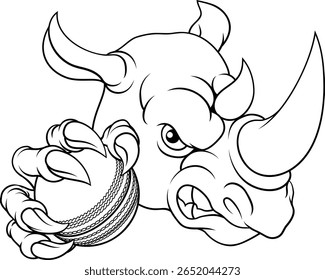 Um rinoceronte rinoceronte significa mascote de animais de desenho animado resistente segurando uma bola de críquete 