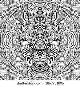 Rhino. Rhinoceros. Ornamental Animal head. Rhino head zentangle stylized, vector illustration, freehand pencil, doodle, black and white, pattern, hand drawn. Zen art. Drawing manually, templates.