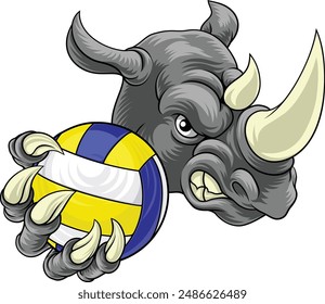 Ein Nashorn-Nashorn-Volleyball-Tiersport-Maskottchen, das einen Volleyball in seiner Kralle hält