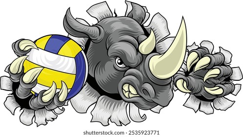 A rhino rhinoceros volleyball animal sports mascot holding a volley ball in his claw