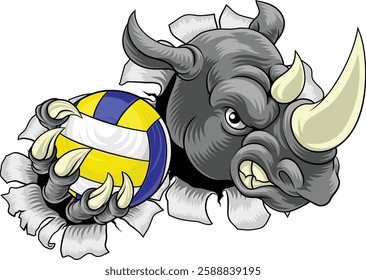 A rhino rhinoceros volleyball animal sports mascot holding a volley ball in his claw