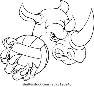 A rhino rhinoceros volleyball animal sports mascot holding a volley ball in his claw