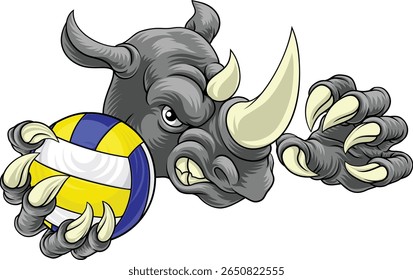 Um rinoceronte rinoceronte voleibol animal esporte mascote segurando uma bola de vôlei em sua garra