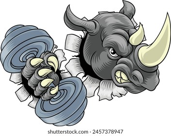 A rhino rhinoceros weight lifting trainer, exercise or body building gym cartoon sports mascot holding weights dumbbell