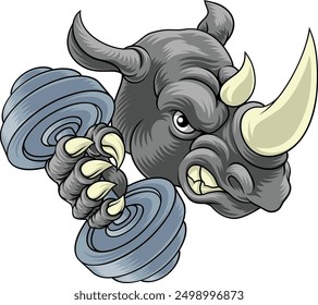 A rhino rhinoceros weight lifting trainer, exercise or body building gym cartoon sports mascot holding weights dumbbell