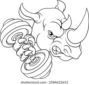 A rhino rhinoceros weight lifting trainer, exercise or body building gym cartoon sports mascot holding weights dumbbell