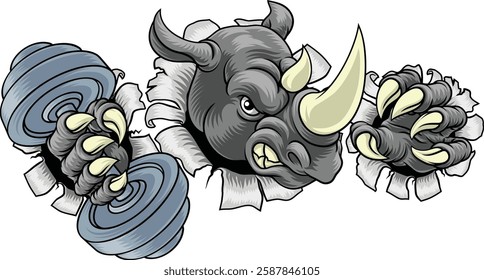 A rhino rhinoceros weight lifting trainer, exercise or body building gym cartoon sports mascot holding weights dumbbell