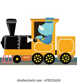 Rhino Ride Train Cartoon Vector Illustration