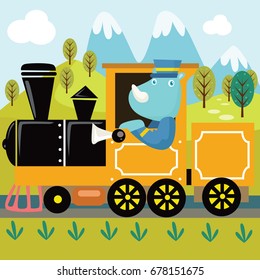 Rhino Ride Train Cartoon Vector Illustration