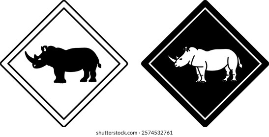 Rhino Road Signs. Black and White Vector Icons. Road Sign Warning about Crossing the Road by Animals. Sticker for Zoo