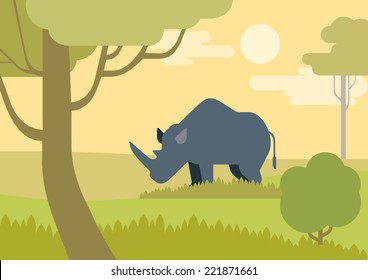 Rhino savanna flat design cartoon vector wild animals rhinoceros. Flat zoo children collection.