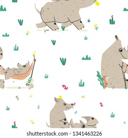 Rhino seamless pattern on white background. Summer rest. Rhino cartoon vector
