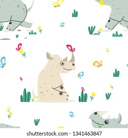 Rhino seamless pattern on white background. Summer rest. Rhino cartoon vector