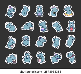 Rhino set showcasing diverse characters in hat, engaging poses, interacting with food, funny emotions, cheerful moments, and adorable cartoon illustrations for creative designs projects