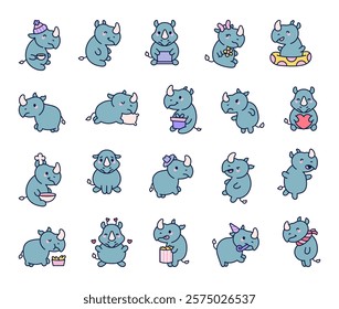 Rhino set showcasing diverse characters in hat, engaging poses, interacting with food, funny emotions, cheerful moments, and adorable cartoon illustrations for creative designs projects